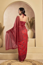 Vastranavya Rust Digital Printed Linen Ready To Wear Designer Saree with Unstitched Blouse | Grocsy