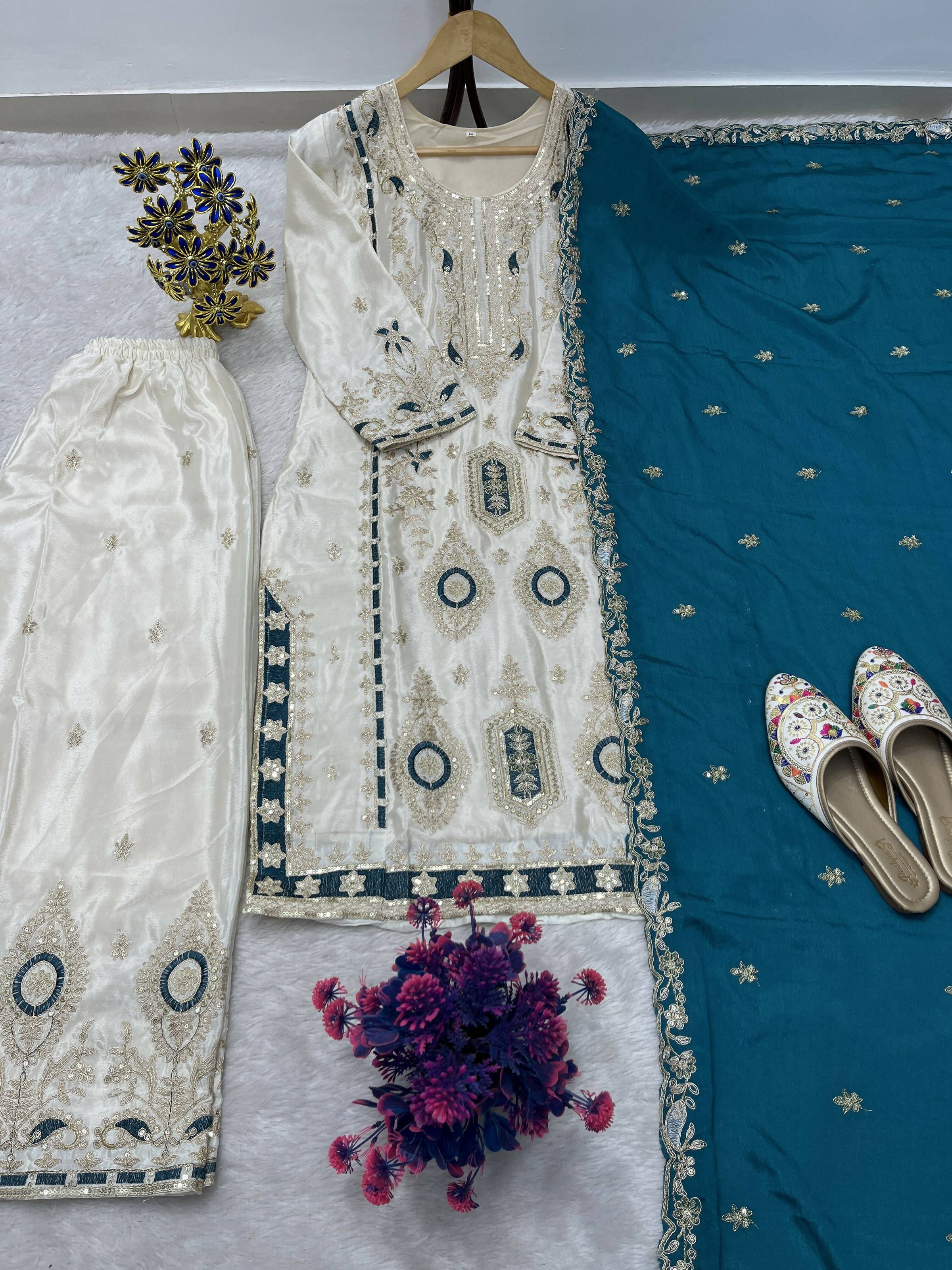 Teeya Creation White Color Chinon Silk Party Wear Trending Palazzo Set | Grocsy