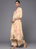 Ahalyaa Women Cream-Coloured & Pink Floral Print Pure Cotton Anarkali Kurta with Palazzos | Grocsy