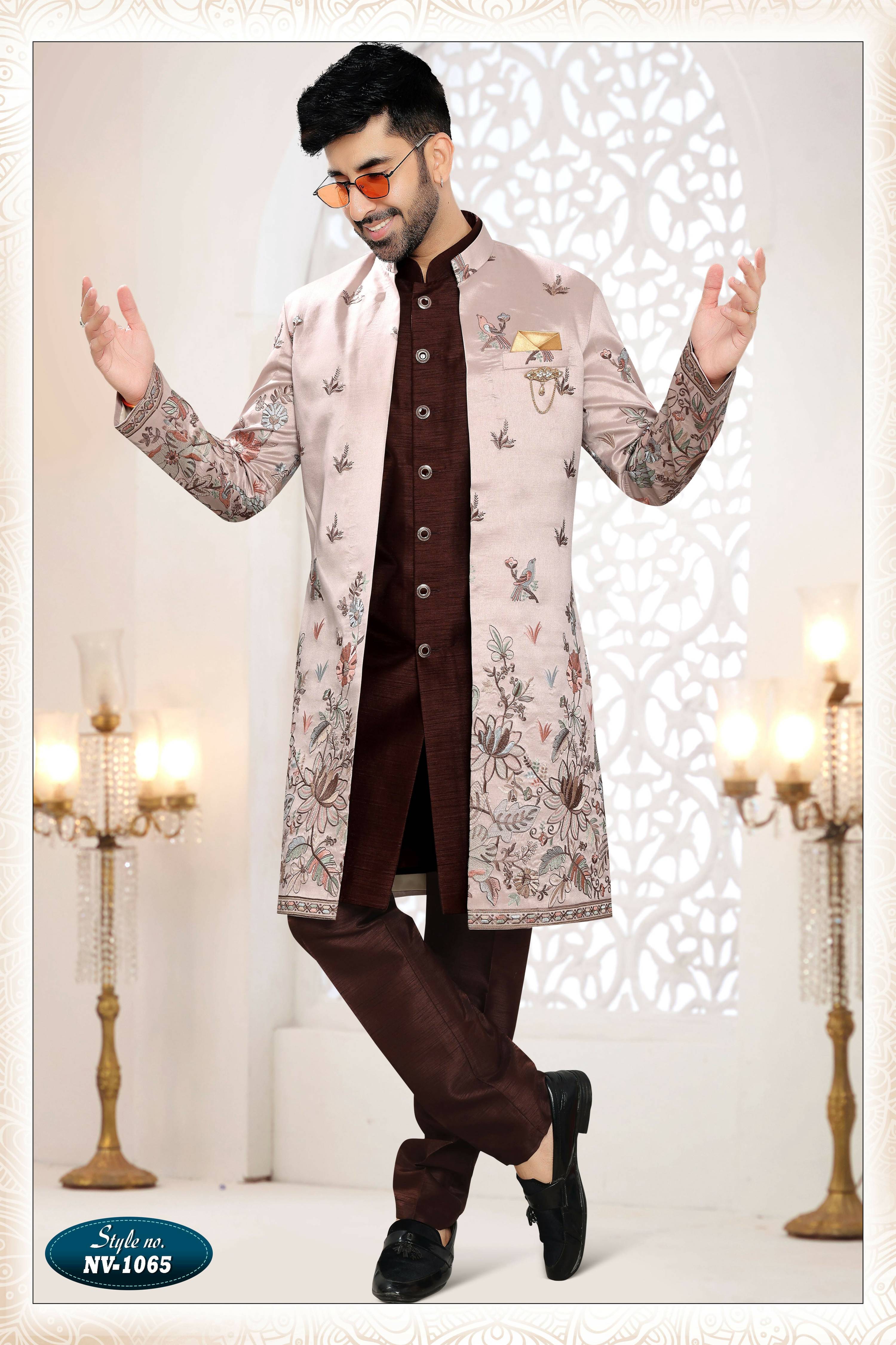 Joban Fashion Men's Skin Brown Straight Silk Thread And Sequence Embroidery All Over 3 Pc Kurta Set | Grocsy