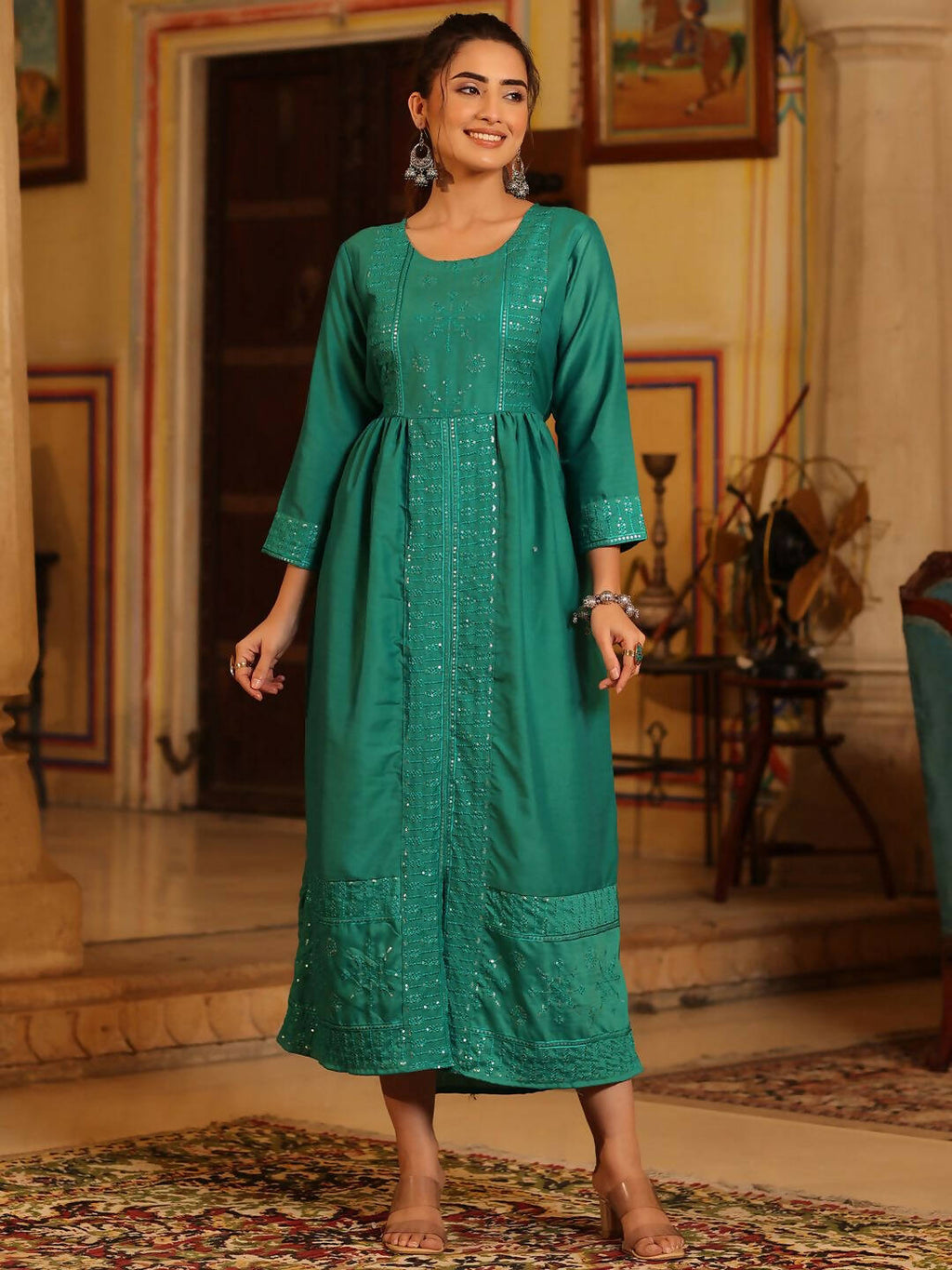 Juniper Women's Teal Festive Embroiderd Flared Dress | Grocsy