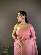 Joban Fashion Pastel Pink Floral & Paisley  Linen Silk Banarasi Saree | Grocsy