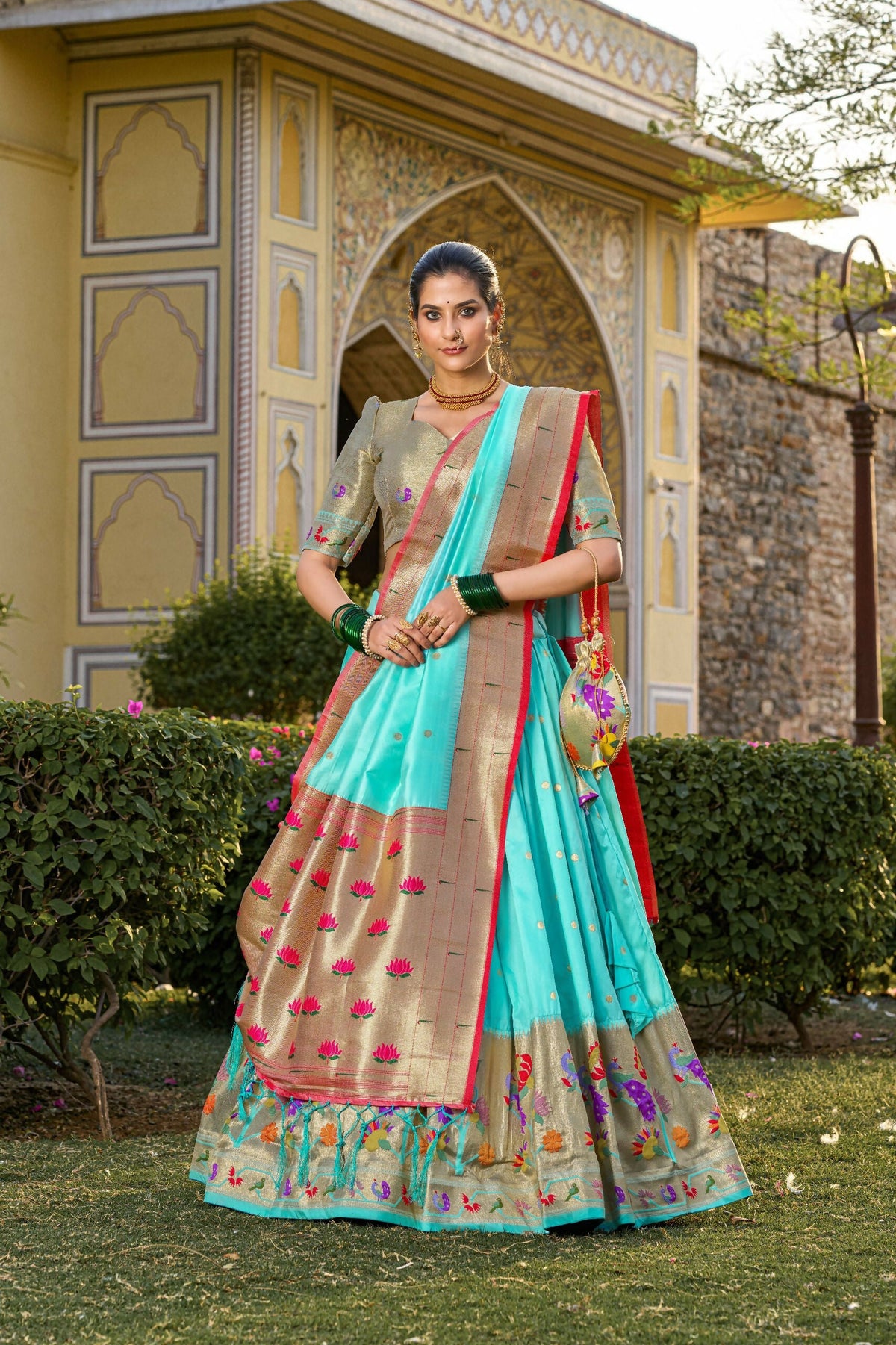 Vastranavya Traditional Jacquard Silk Paithani Lehenga Choli - Sky Blue | Grocsy