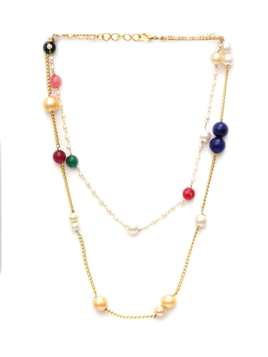Layered Pearl and Gold Neckpiece with Multi Stones (Multi Color) - Ruby Raang | Grocsy