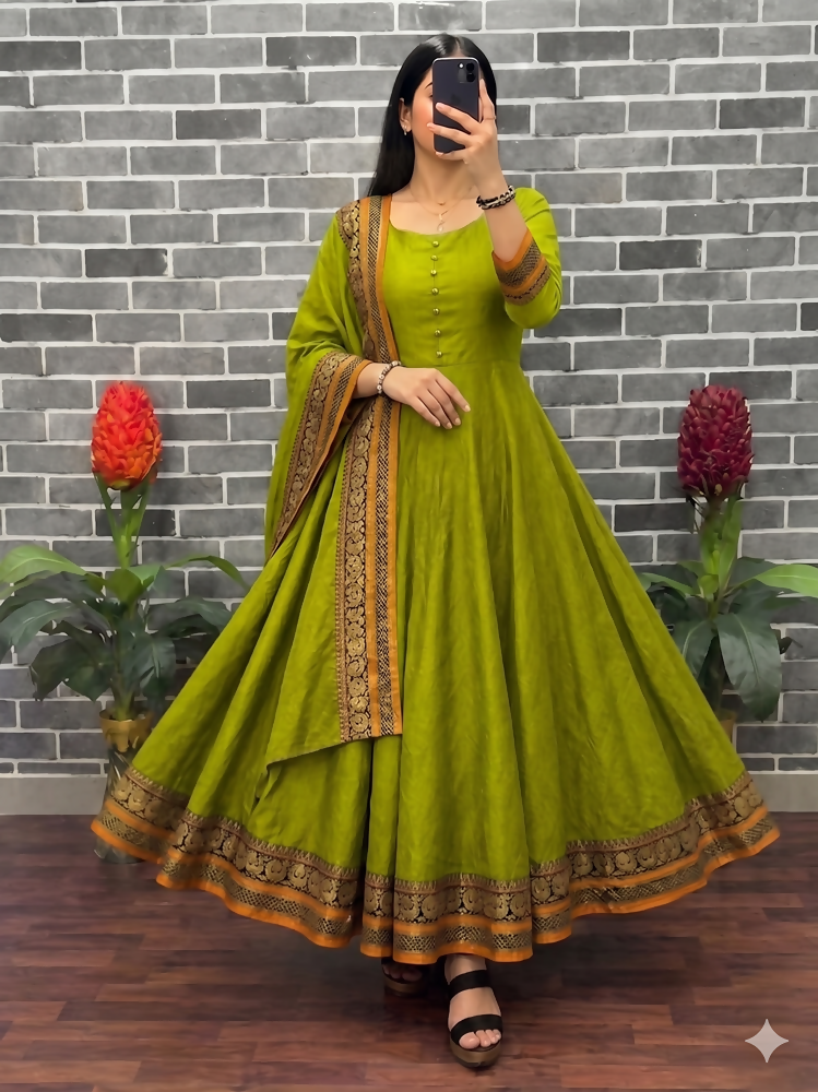 Teeya Creation New Trendy Stylish Olive Green Solid Anarkali Kurta with Traditional Golden Border Dupatta Set | Grocsy