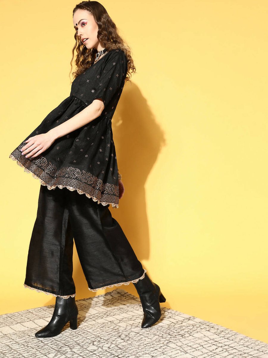 Ahalyaa Women Black Colour Poly Silk Copper Printed Top Palazzo Set | Grocsy