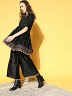 Ahalyaa Women Black Colour Poly Silk Copper Printed Top Palazzo Set | Grocsy