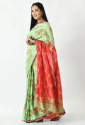 Mominos Fashion Moeza Light Green & Red Bhagalpuri Handloom Ikat Pure Cotton Saree with unstitched Blouse piece | Grocsy