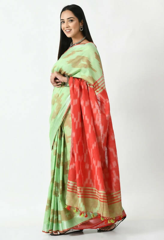 Mominos Fashion Moeza Light Green & Red Bhagalpuri Handloom Ikat Pure Cotton Saree with unstitched Blouse piece | Grocsy