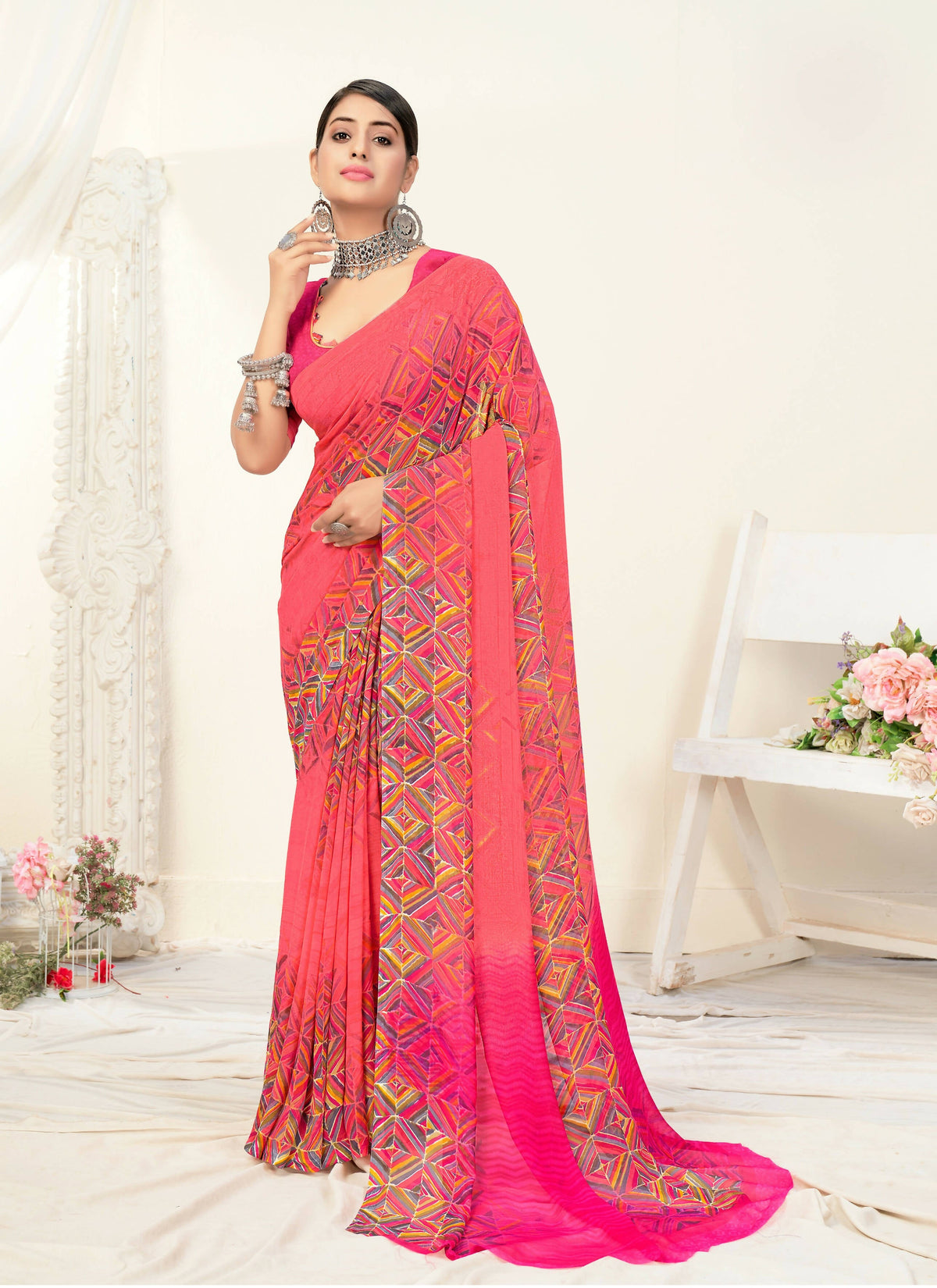 Peach Georgette Geometric Printed Saree With Unstitched Blouse Piece - Jyoti | Grocsy