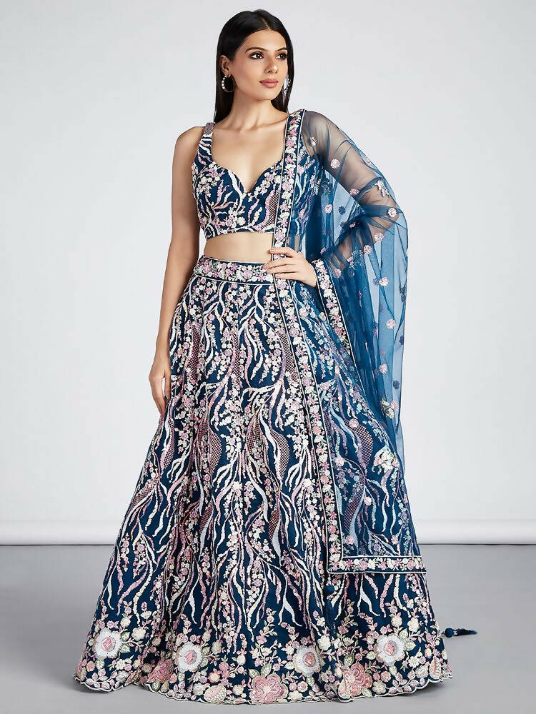 House of Panchhi Navy Blue Net Sequins And Thread Embroidery Lehenga Choli & Dupatta | Grocsy