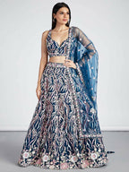 House of Panchhi Navy Blue Net Sequins And Thread Embroidery Lehenga Choli & Dupatta | Grocsy