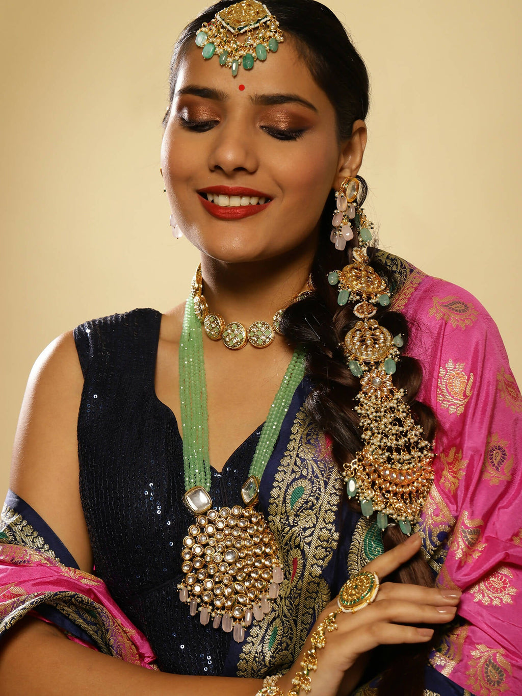 Gold-Polished White Blue Kundan-Studded Pearl Beaded Matha Patti - Ruby Raang | Grocsy