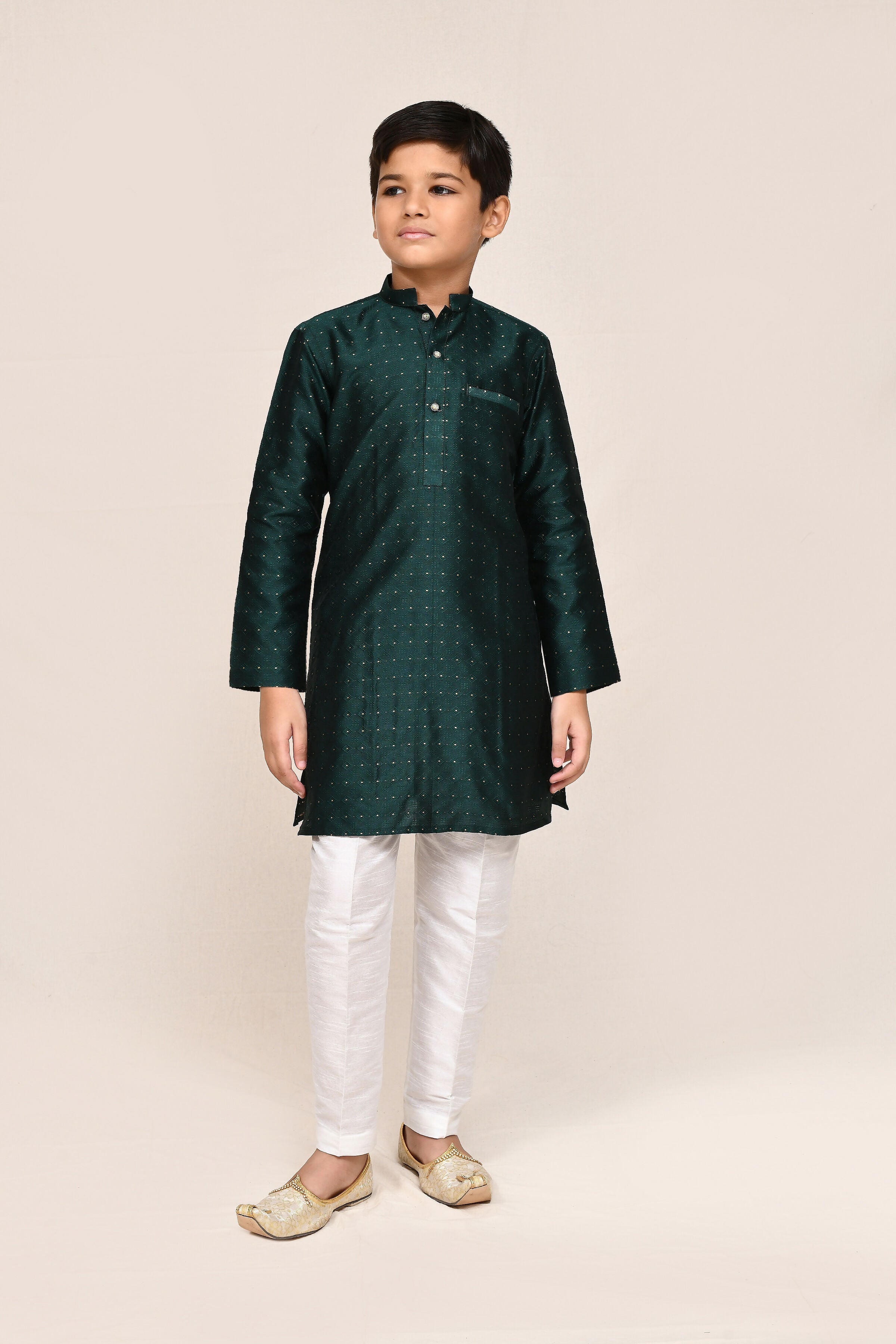 Joban Fashion Jacquard Silk Bottle Green Kurta With Straight Fit Pant | Grocsy