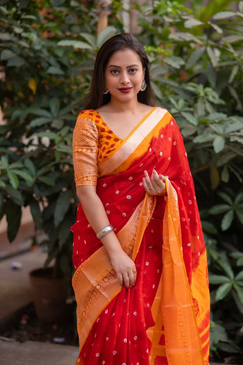 Red Jute Silk Ethnic Motifs Saree with Unstitched Blouse - A2M | Grocsy