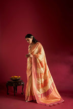 Joban Fashion Cream & Orange Plain With Weaving Border Banarasi Silk Sarees | Grocsy