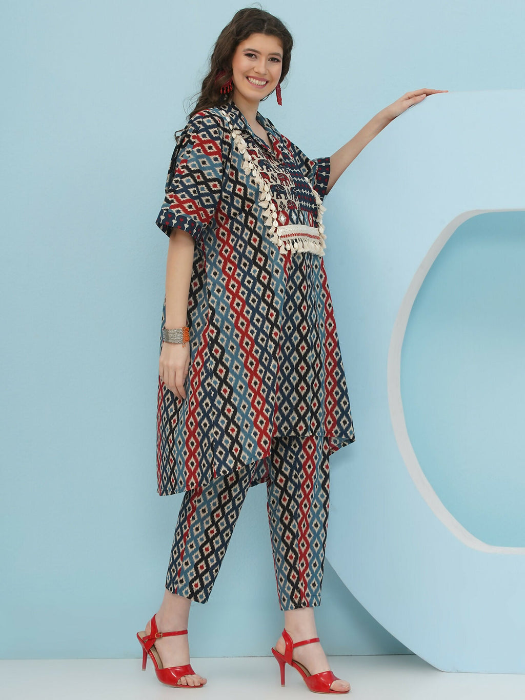 Joban Fashion Ikkat Kaftan Set - Blue Red | Grocsy