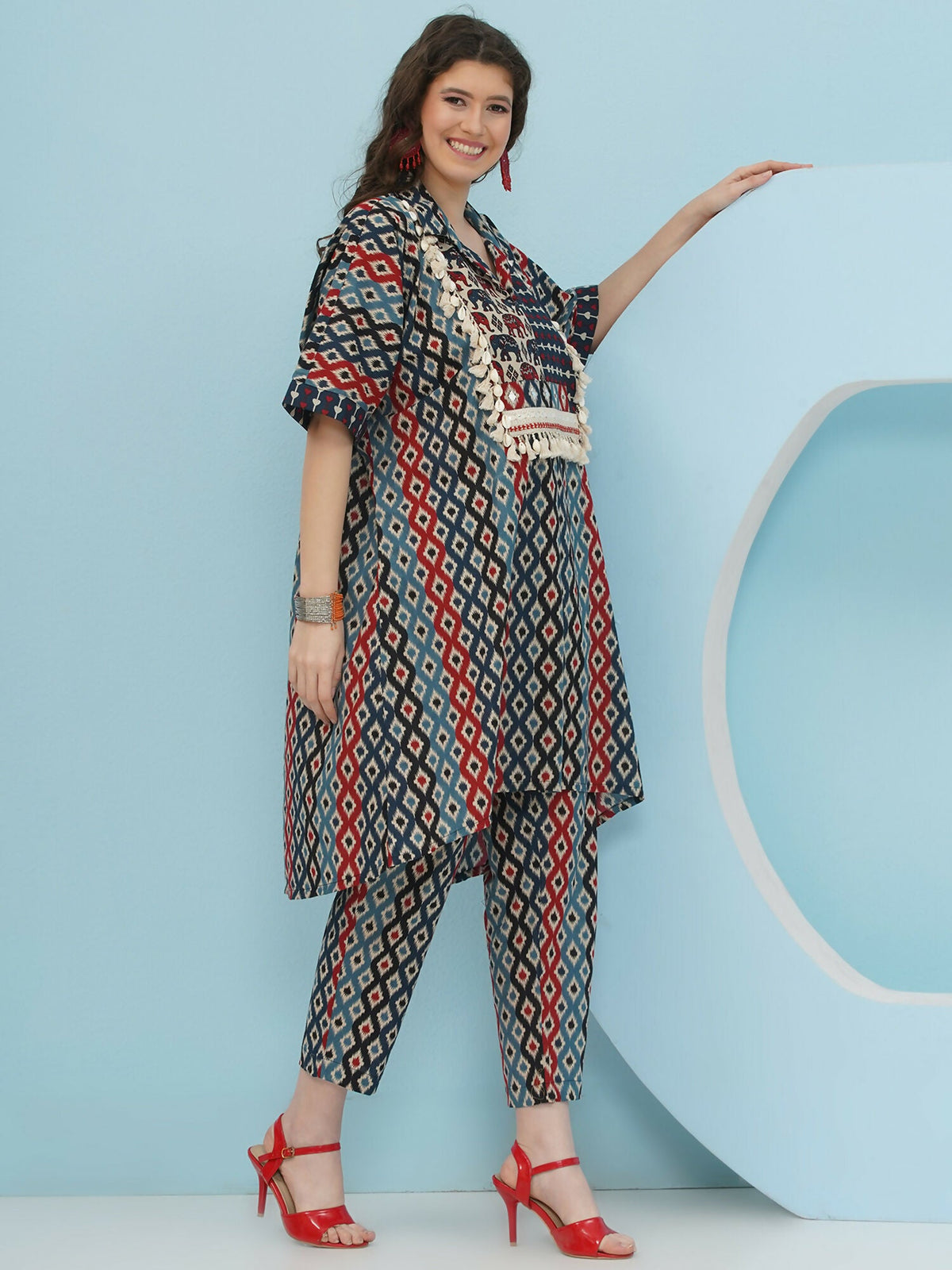 Joban Fashion Ikkat Kaftan Set - Blue Red | Grocsy