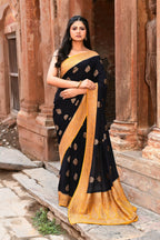 Joban Fashion Black Crepe Chiffon Pure Handloom Banarasi Silk Saree | Grocsy