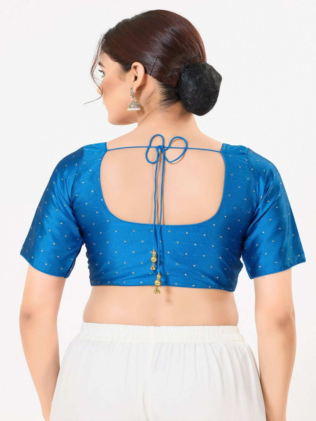 Joban Fashion Cobalt-Blue Taffeta Silk Elbow Sleeveless Front Open Blouse | Grocsy