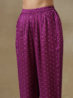 trueBrowns Purple Bandhani Printed Silk Drop Shoulder Kurta Pant Set | Grocsy