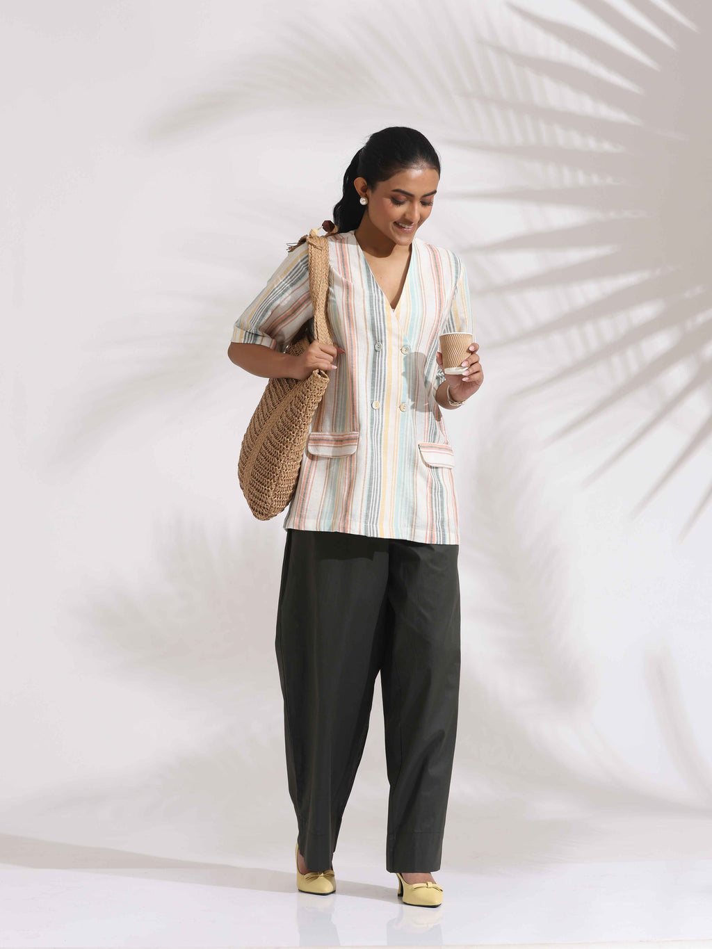 trueBrowns Off-White Cotton Stripe Jacket Top Co-ord Set | Grocsy