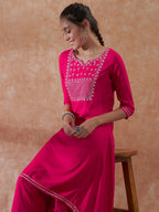 InWeave Women's Magenta Emb Assymetrical Kurta Pant Set | Grocsy