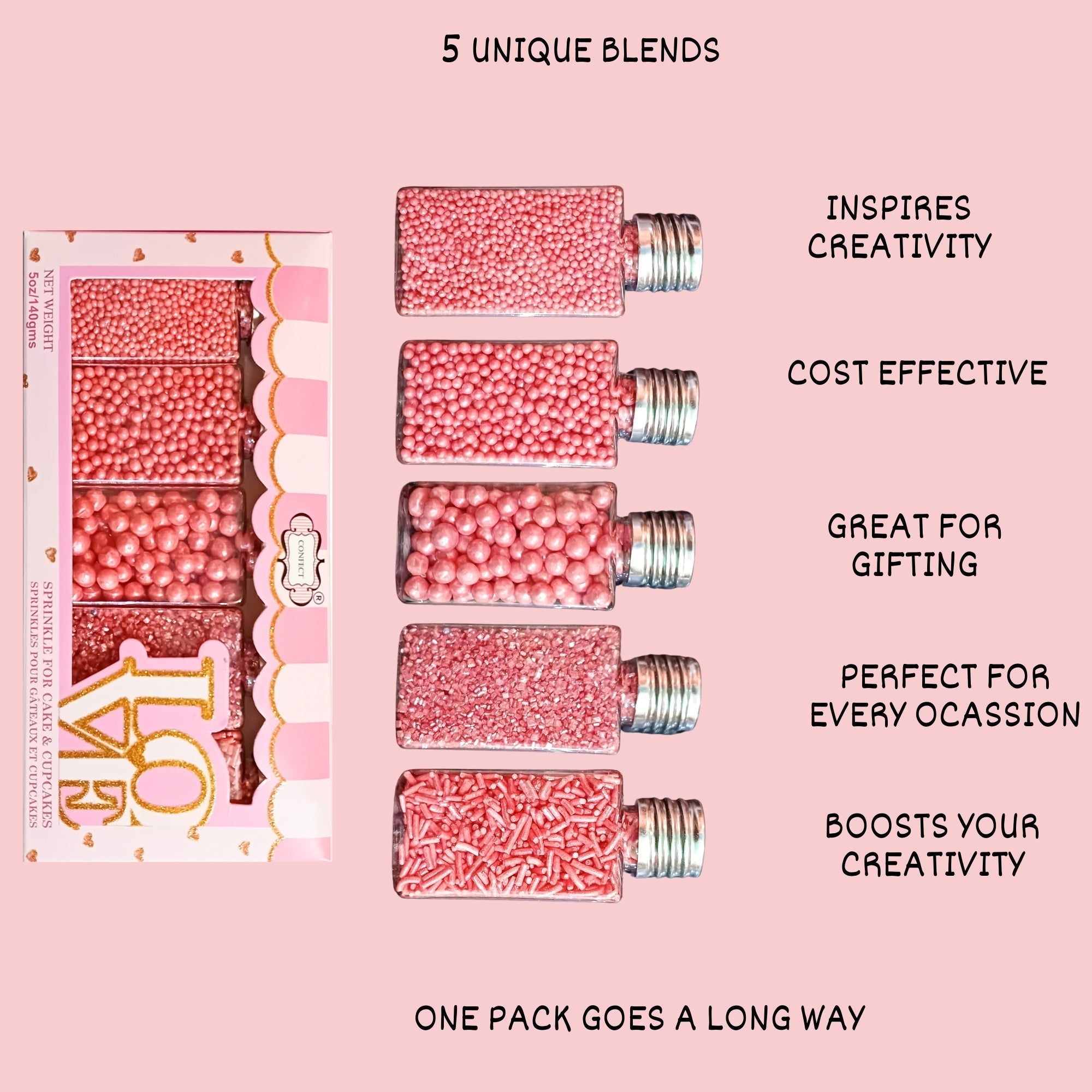 Confect Sprinkles for Cakes & Cupcakes Decoration | USP-5(Rose Pink) | Grocsy