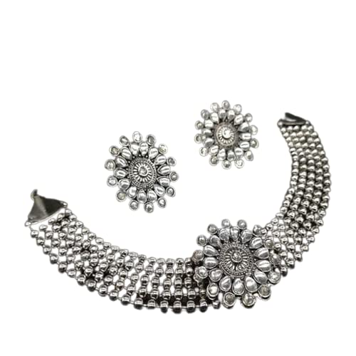 Tehzeeb Creations Women's Silver Colour Oxidised Necklace And Earrings With Kundan | Grocsy