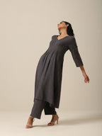 trueBrowns Slate Grey Slub Texture Overlap Pleat Kurta Pant Set | Relove | Grocsy