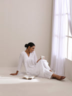 trueBrowns White Dobby Flared Slit Kurta Pant Set | Grocsy