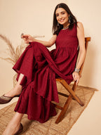 InWeave Women's Carmine Maroon Lace Work Double Layer Sharara Set | Grocsy