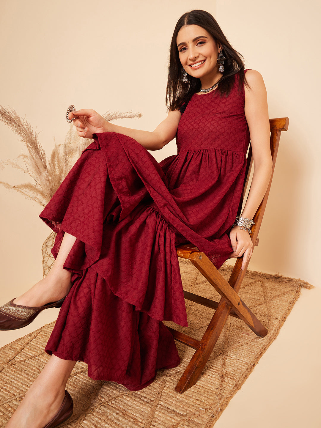 InWeave Women's Carmine Maroon Lace Work Double Layer Sharara Set | Grocsy