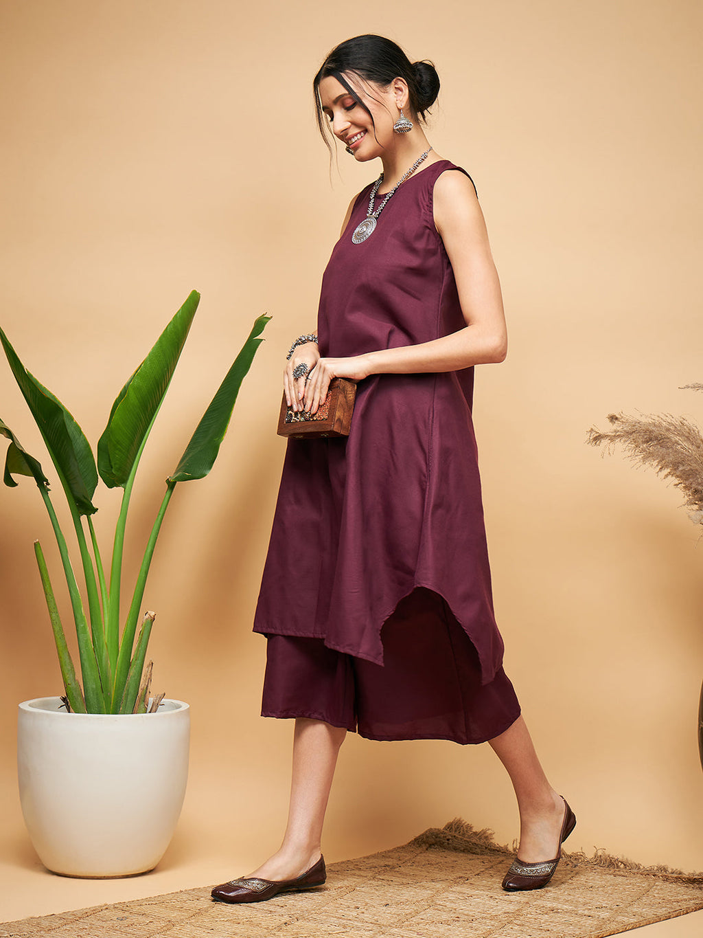 InWeave Women's Wine Solid Short Kurta Palazzo Set | Grocsy