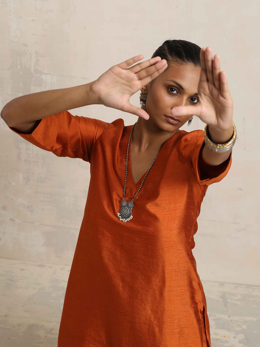 trueBrowns Orange Silk Kurta Co-ord Set | Grocsy