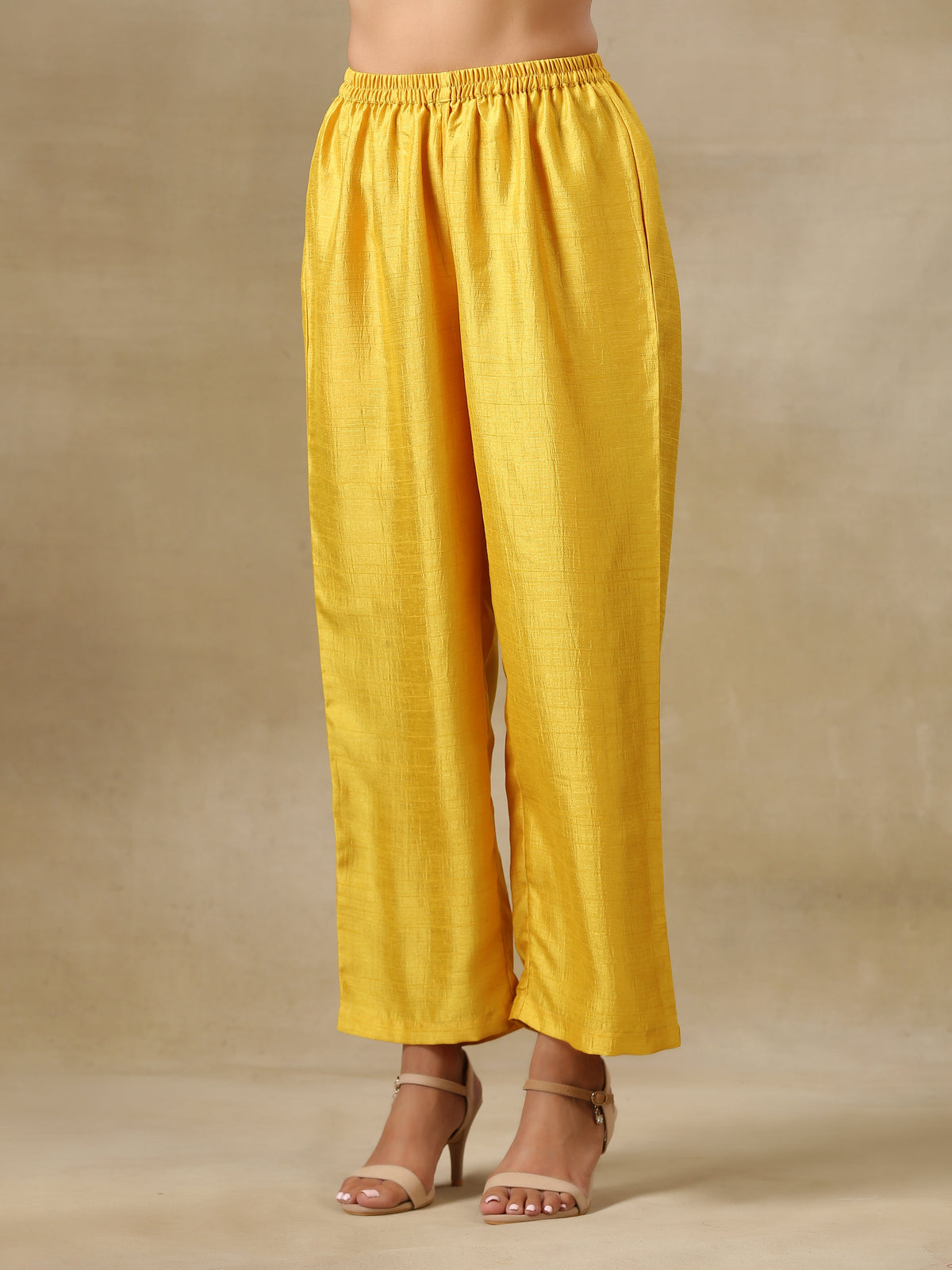 trueBrowns Yellow Textured Silk High Slit Gathered Kurta Set | Grocsy