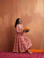 trueBrowns Beige Print Flared Anarkali Kurta Set | Grocsy