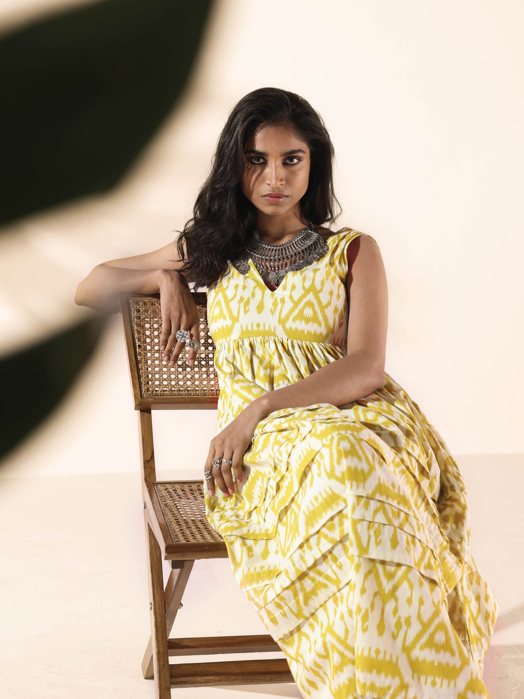 trueBrowns Lime Cotton Ikat Sleeveless Flared Dress | Grocsy