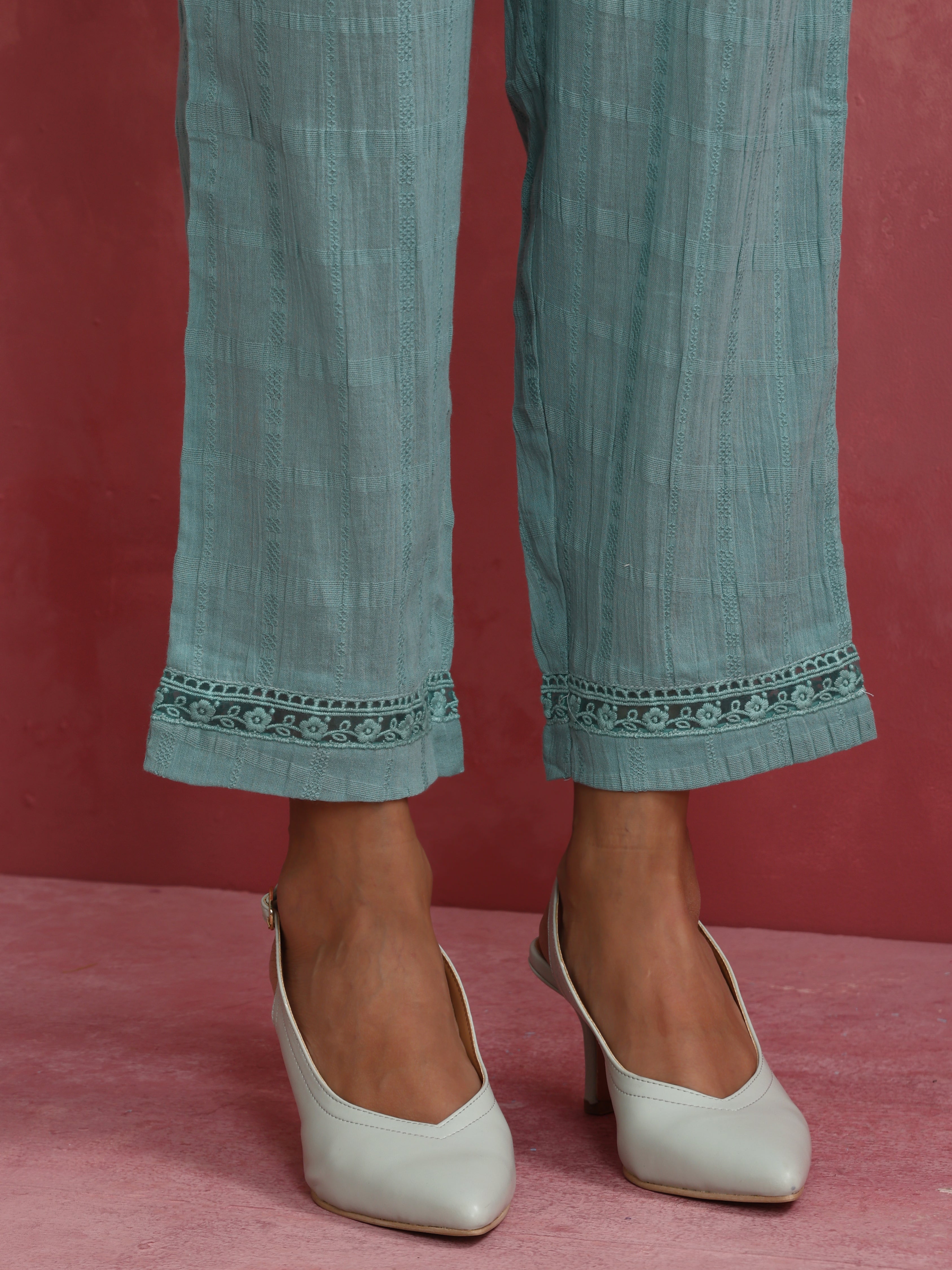 trueBrowns Aqua Blue Cotton Dobby Angrakha Kurta Set | Grocsy