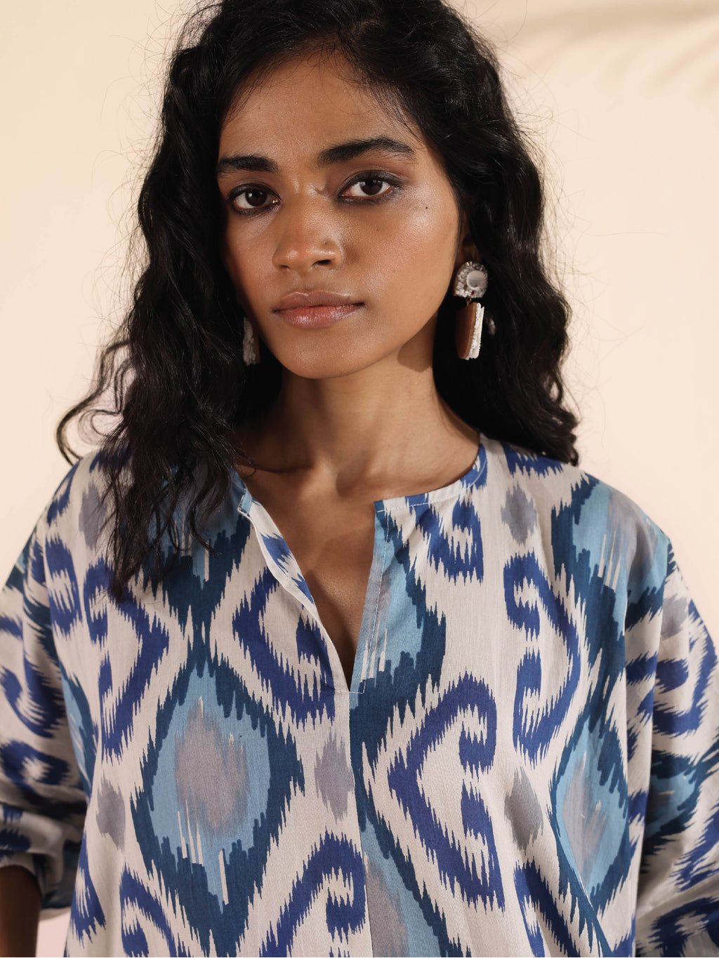 trueBrowns Blue Cotton Ikat Kaftan Co-ord Set | Grocsy