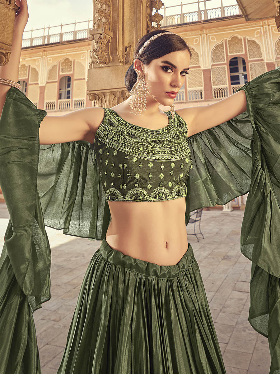 Myra Olive Chinon & Art SIlk Embroidered Designer Lehenga Choli | Grocsy