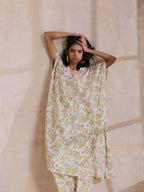 trueBrowns Pink Yellow Floral On White Block Print Cotton Panel Kaftan Kurta Pant Set | Grocsy