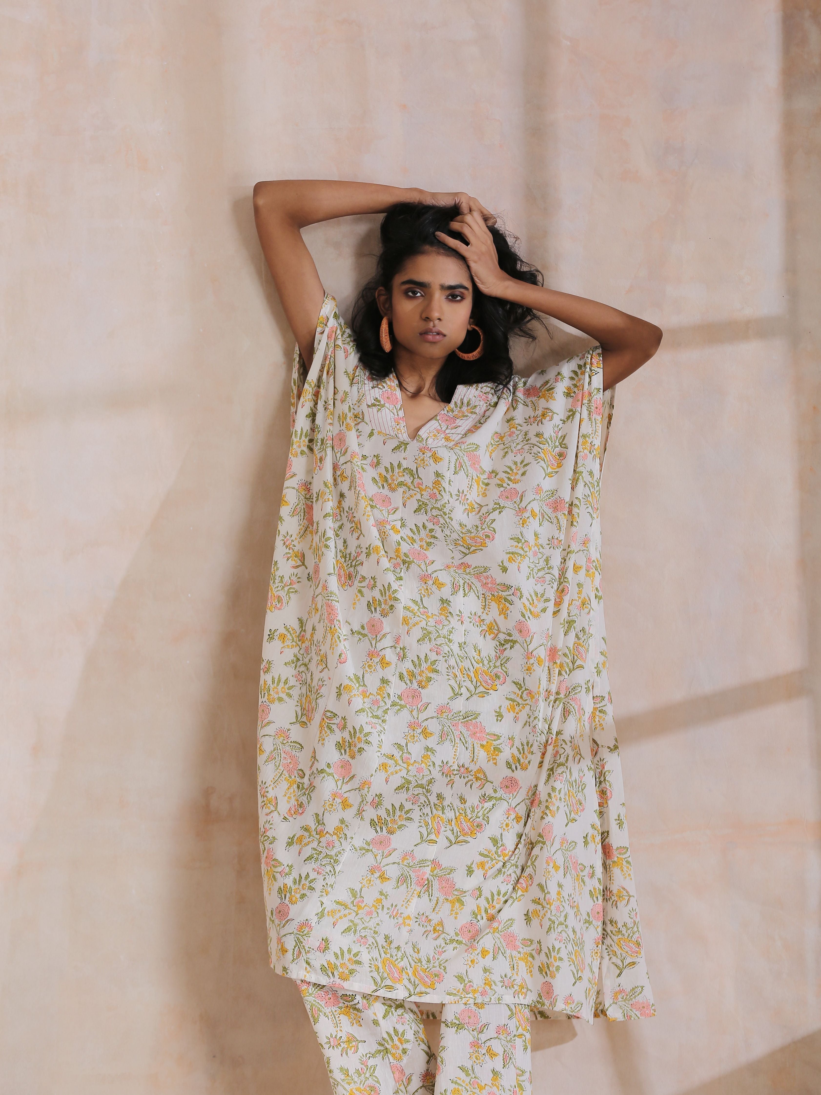 trueBrowns Pink Yellow Floral On White Block Print Cotton Panel Kaftan Kurta Pant Set | Grocsy