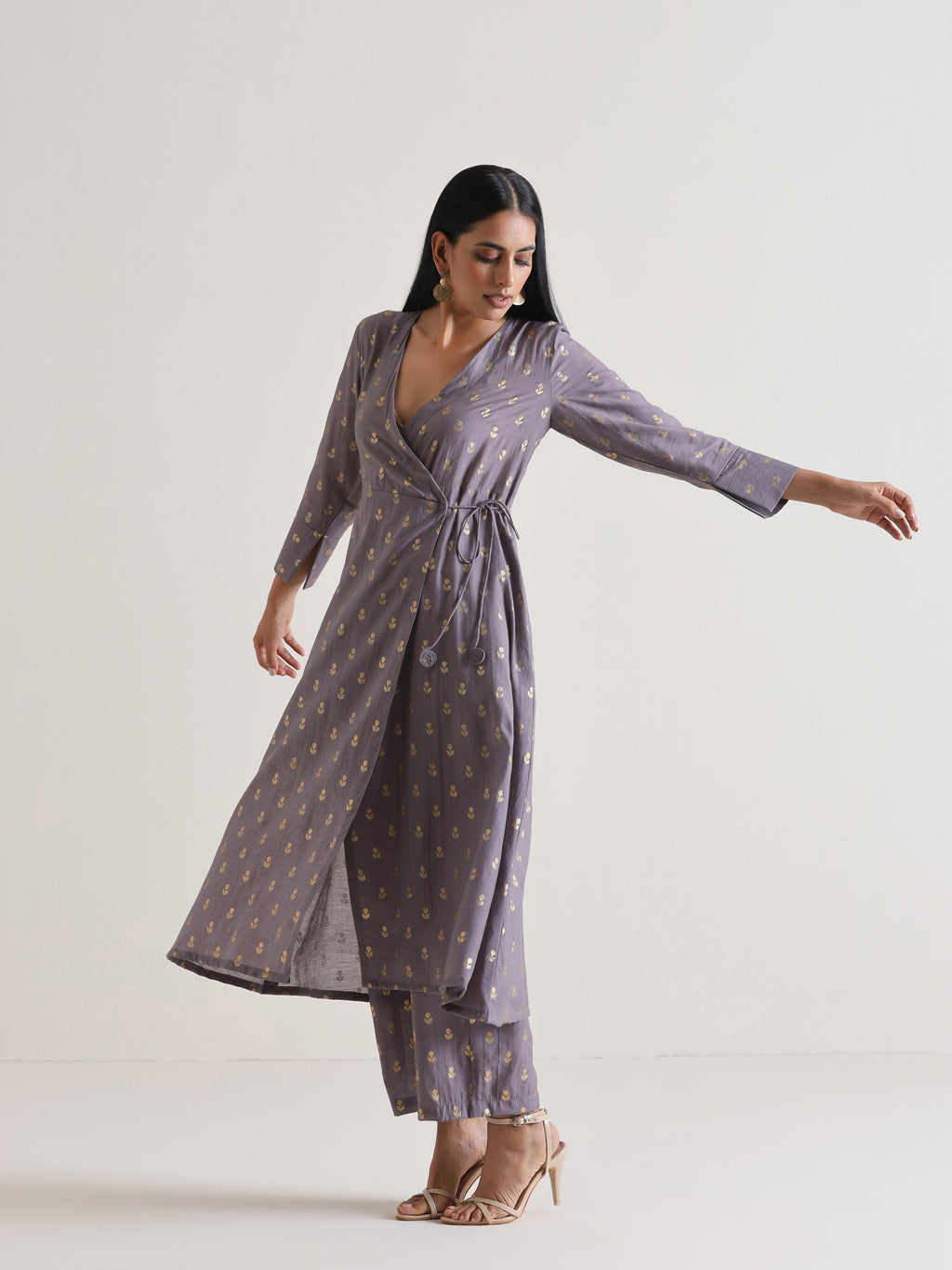 trueBrowns Plum Grey Foil Angrakha Kurta Set | Grocsy