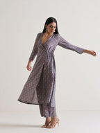 trueBrowns Plum Grey Foil Angrakha Kurta Set | Grocsy