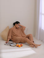 trueBrowns Beige Dobby Boxy Fit High-Low Co-Ord Set | Grocsy