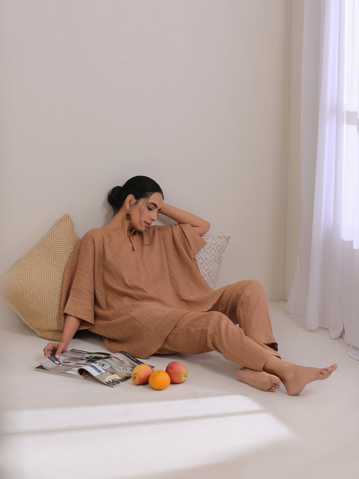 trueBrowns Beige Dobby Boxy Fit High-Low Co-Ord Set | Grocsy