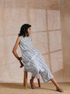 trueBrowns Multi Grey On Grey Ikat Print Cotton High-Low Co-Ord Set | Grocsy