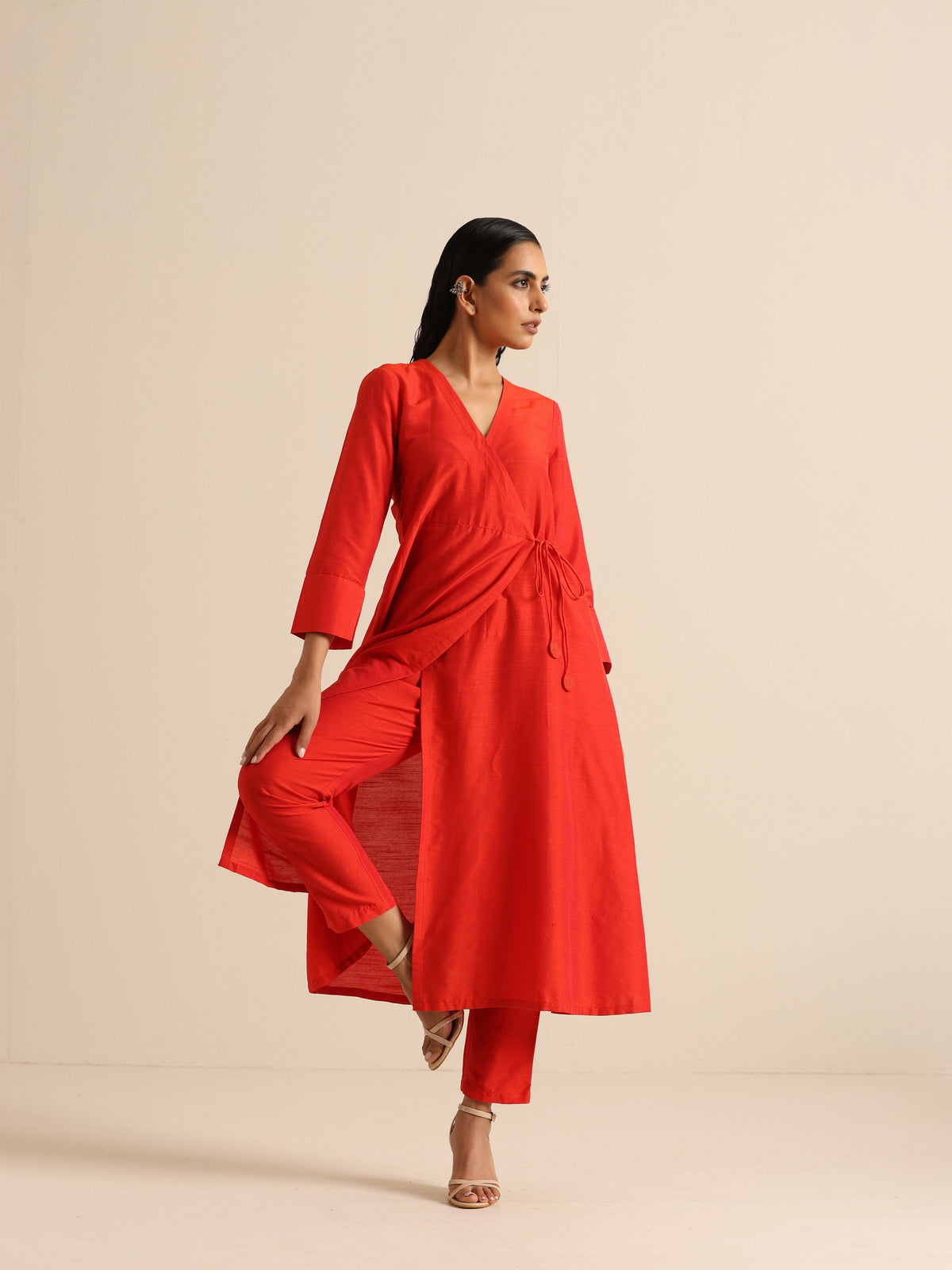 trueBrowns Orange Dupion Blend Angrakha Kurta Pant Set | Grocsy