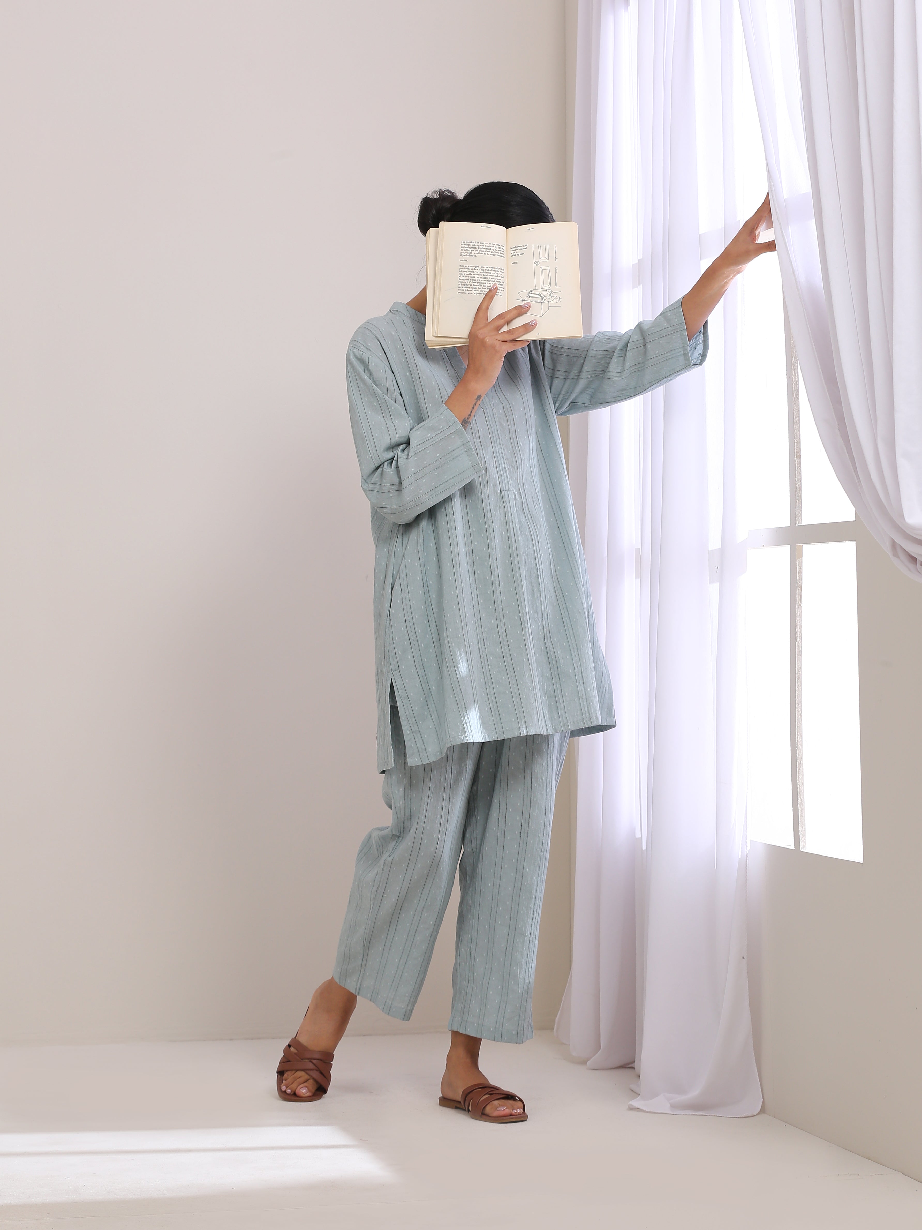 trueBrowns Eggshell Blue Dobby Relaxed Fit Co-Ord Set | Grocsy